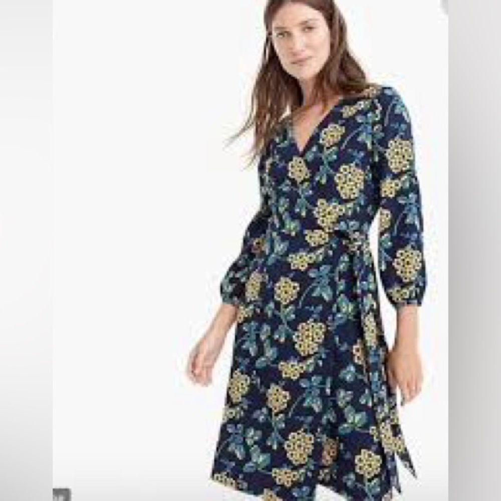 J.Crew Golden Navy Floral Wrap Dress in 365 Yellow Size 2 - Picture 1 of 11